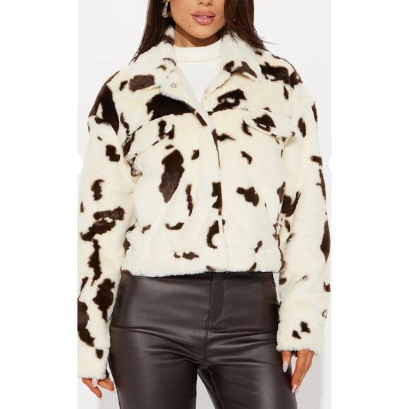 Ashley By 26 International Jackets & Blazers - Ashley by 26 International Sherpa Cow Print Faux Fur Trucker Women's Jacket L